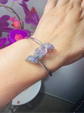 Natural Rainbow Flourite Silver Butterfly Cuff Bracelet Iridescent Purple-Blue